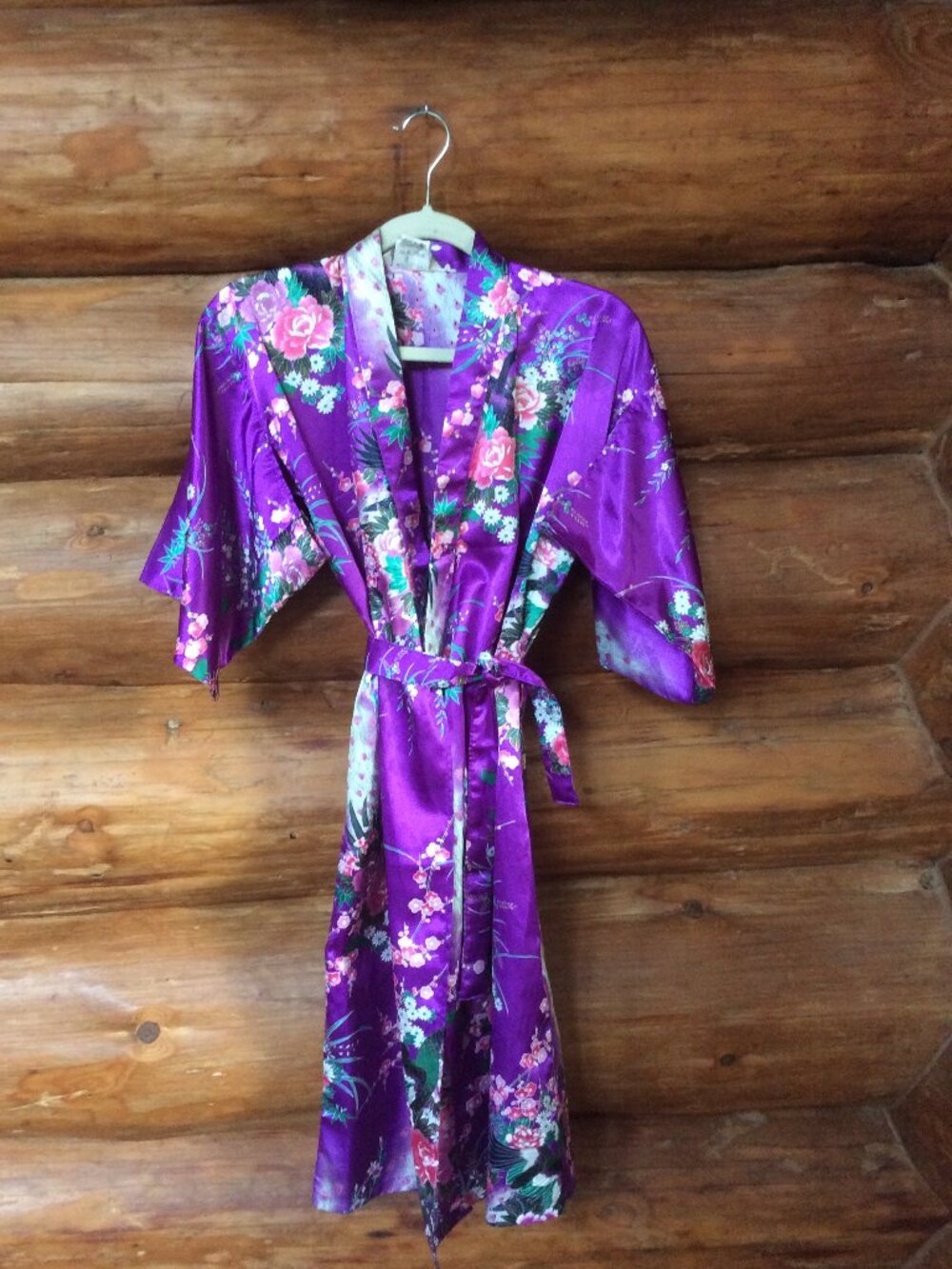 Japanese Purple Colorful Satin Floral Silky Kimono with Belt Size 40/Small*